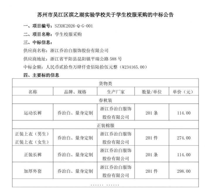 苏州市吴江区滨之湖实验学校关于学生校服采购的中标公告